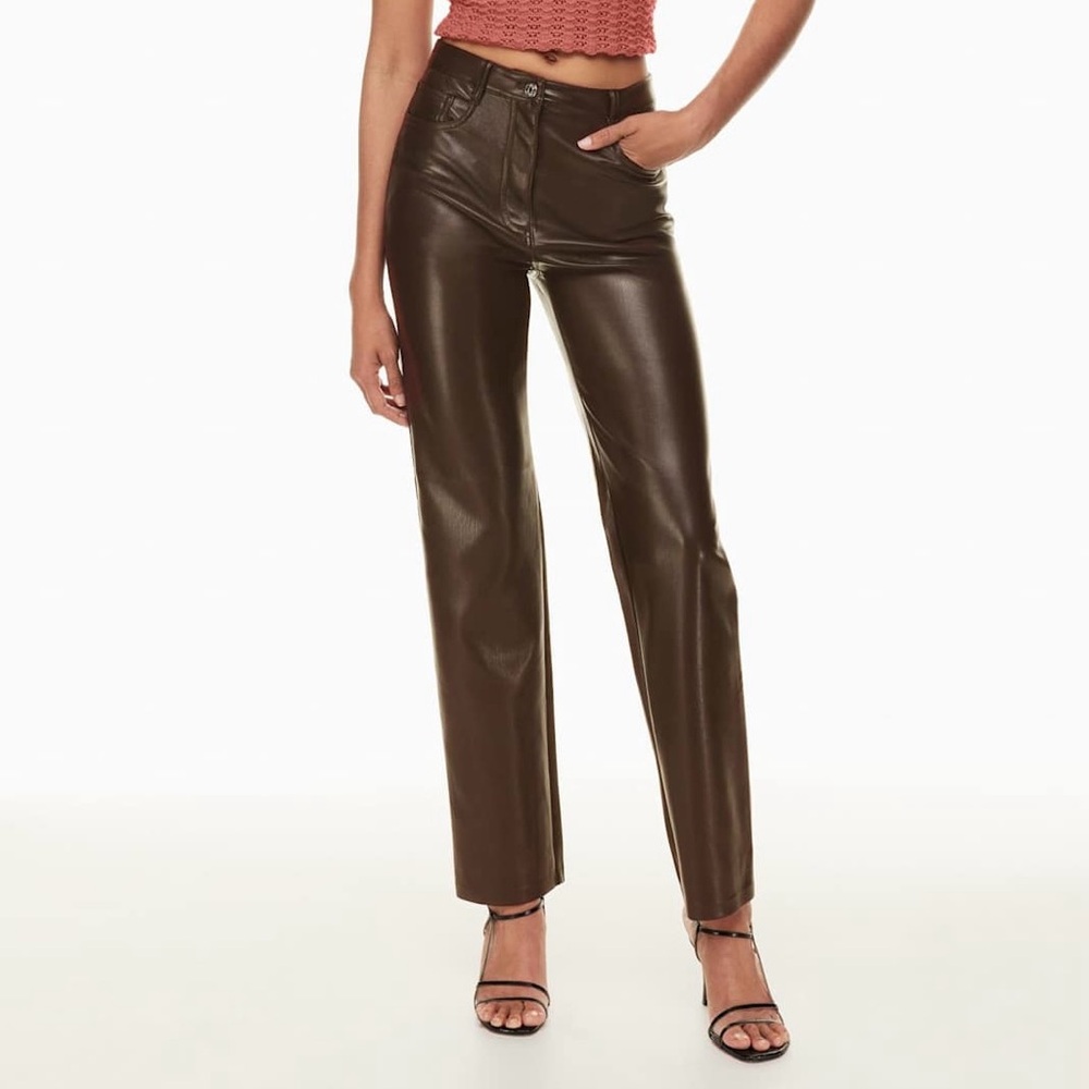 Wilfred Aritzia Melina High Rise Vegan Leather Straight Leg Ankle Pants Brown 10